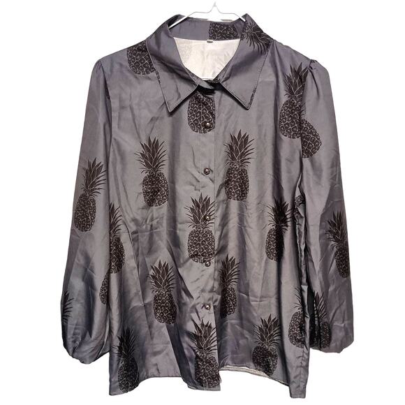 NWOT Pineapple Print Long Sleeve Button Up Blouse - Gray, Size L - Picture 1 of 5